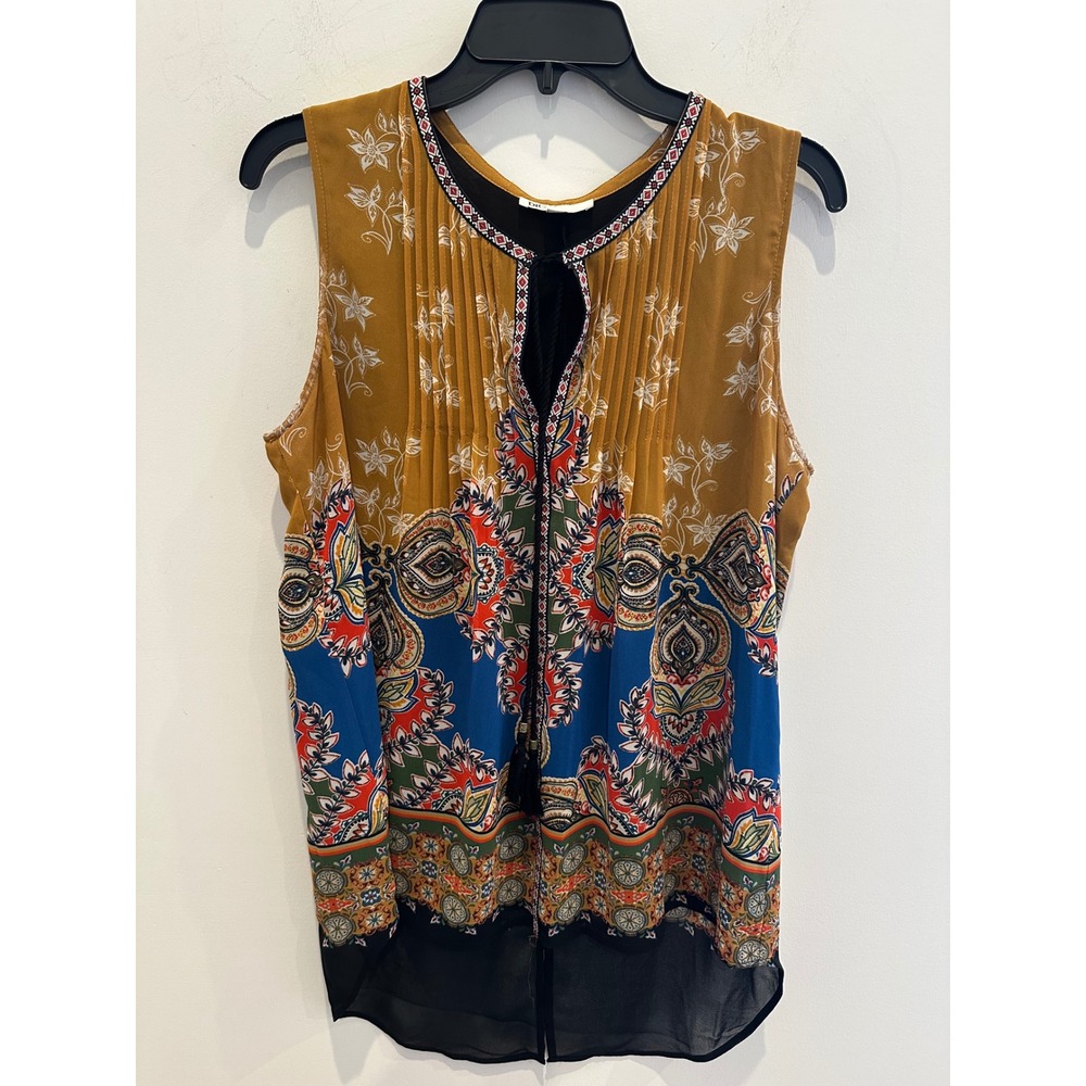 DR2 Womens Mustard Blue Paisley Boho Pleated Sleeveless Tassel Blouse Medium